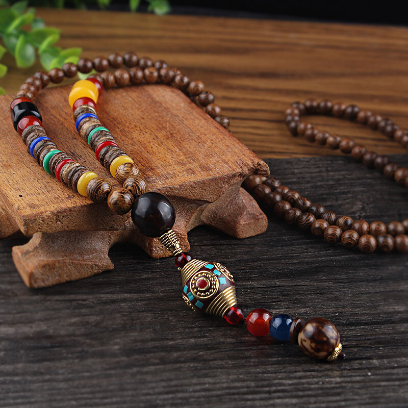 Nepal Long Buddhist Wood Beaded Pendant Necklace Ethnic Buddha Lucky Jewelry