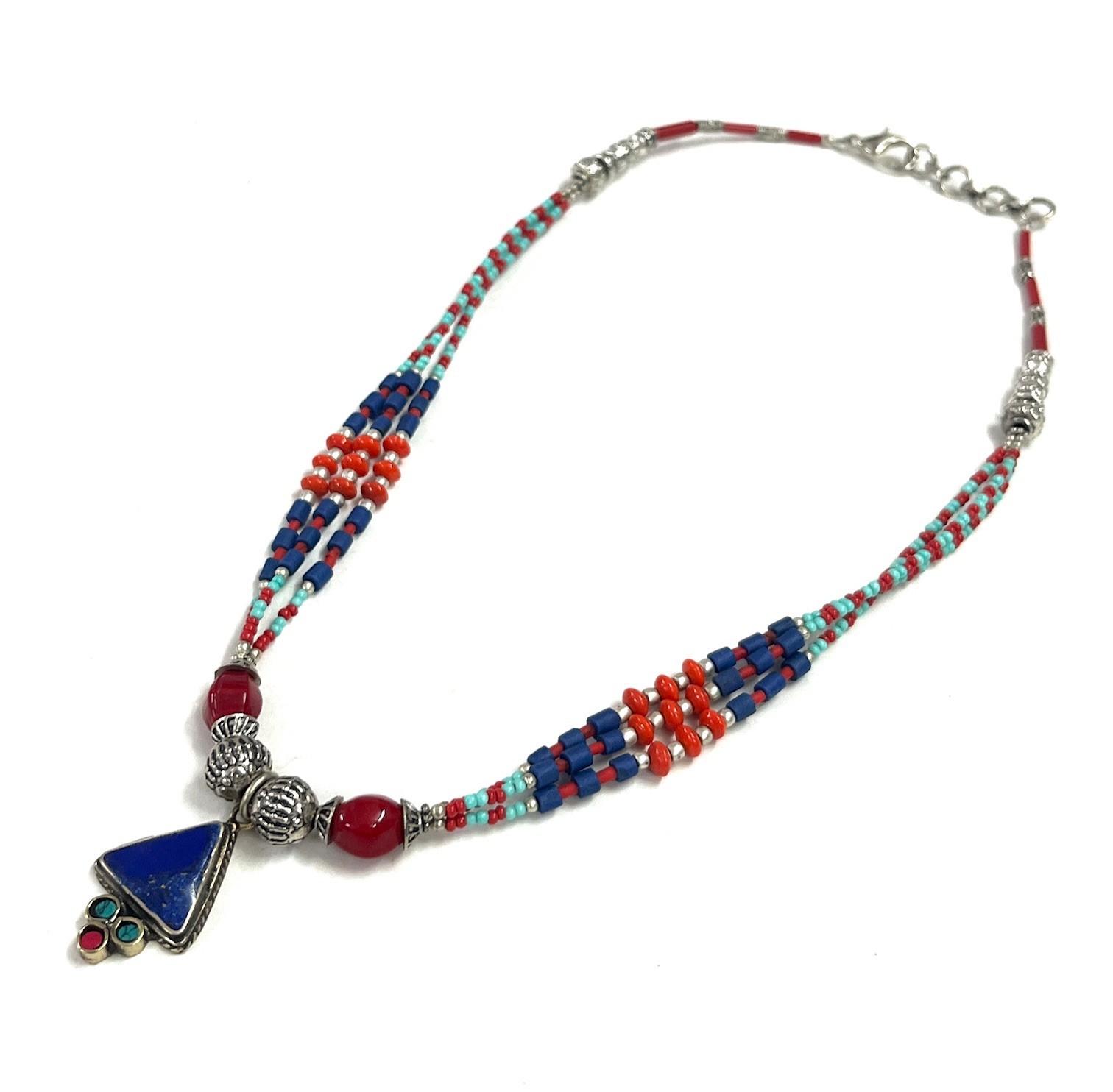 Antique Lapis Red Coral Gemstone Tibetan Bohemian Necklace Jewelry, 18 inch Adju