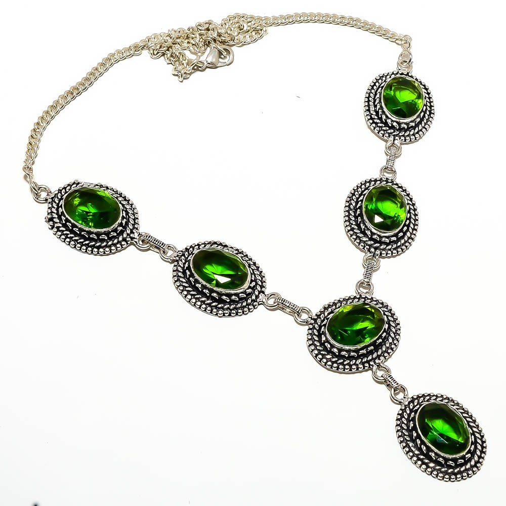 Emerald Quartz (Simulated) 925 Silver Plated Tennis Necklace 17.99″ TN7791-98