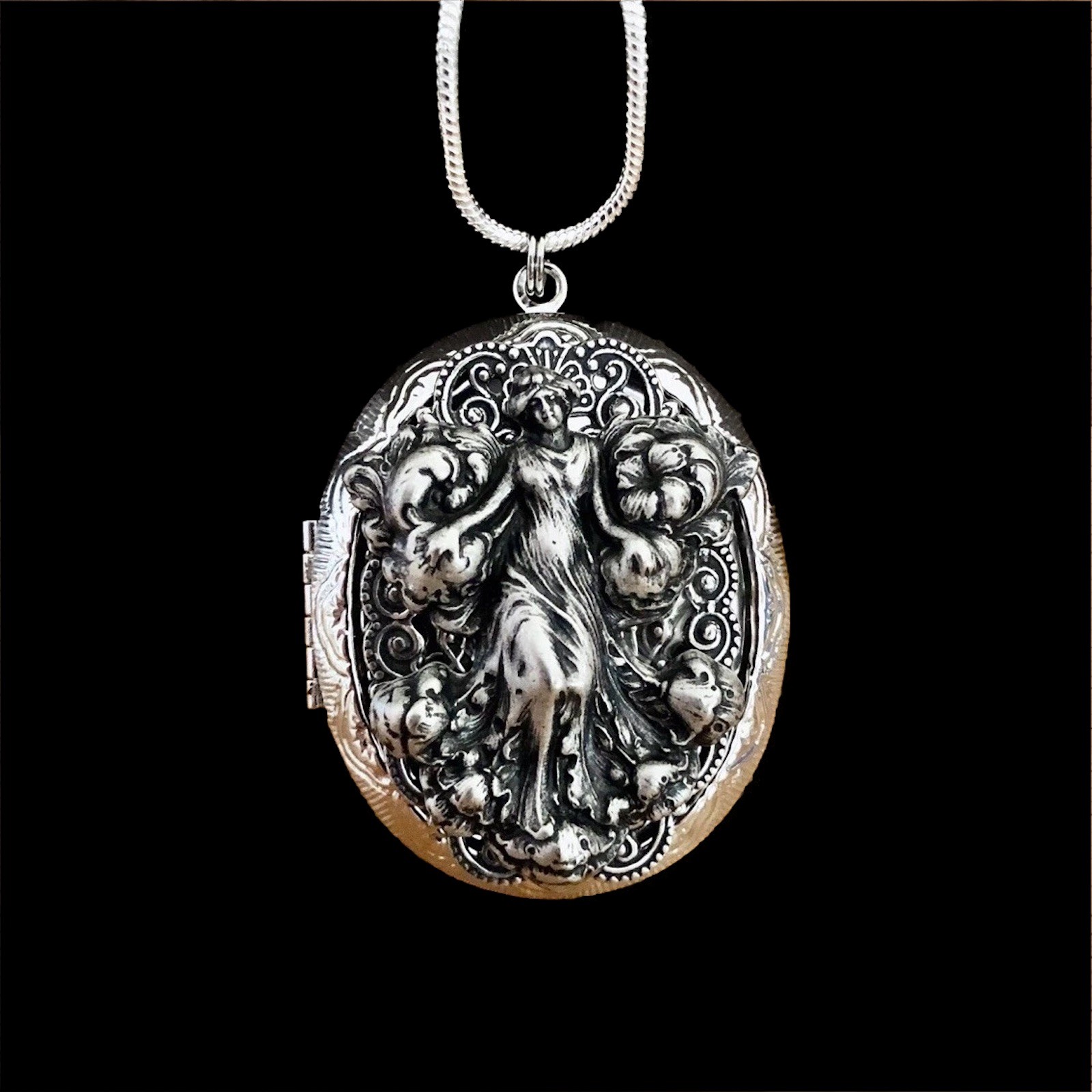 Art Nouveau Woman Locket Necklace, Photo, Memorial, Ashes, Sterling Silver Chain