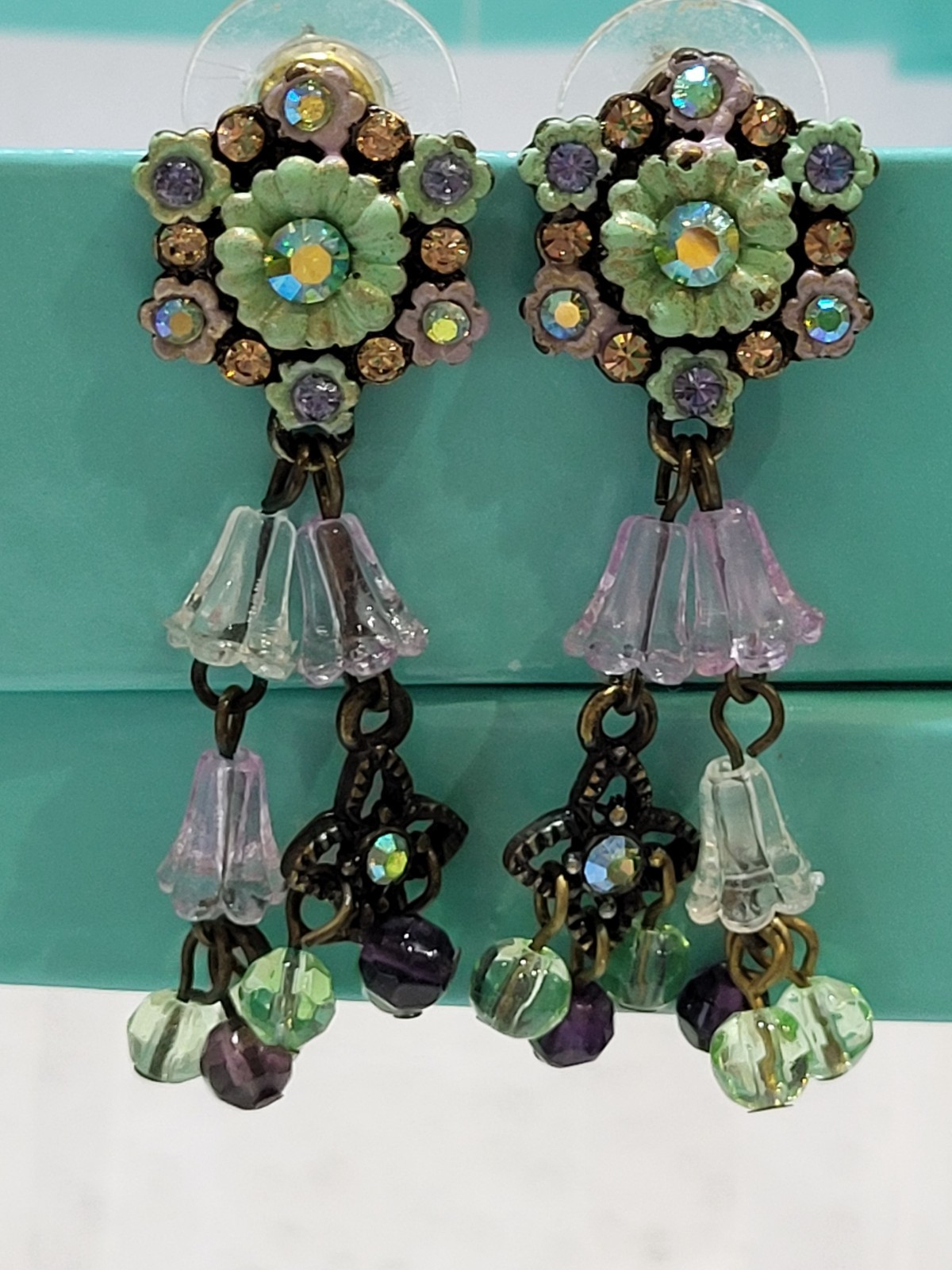 Vtg necklace, earring set Michael Morrison signed MX floral enamel with crystals