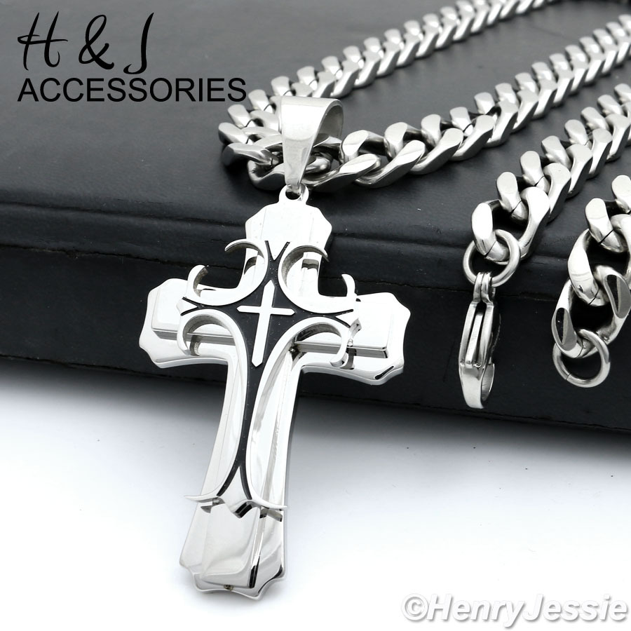 24″MEN Stainless Steel 9mm Silver Cuban Curb Chain Necklace Cross Pendant*H2