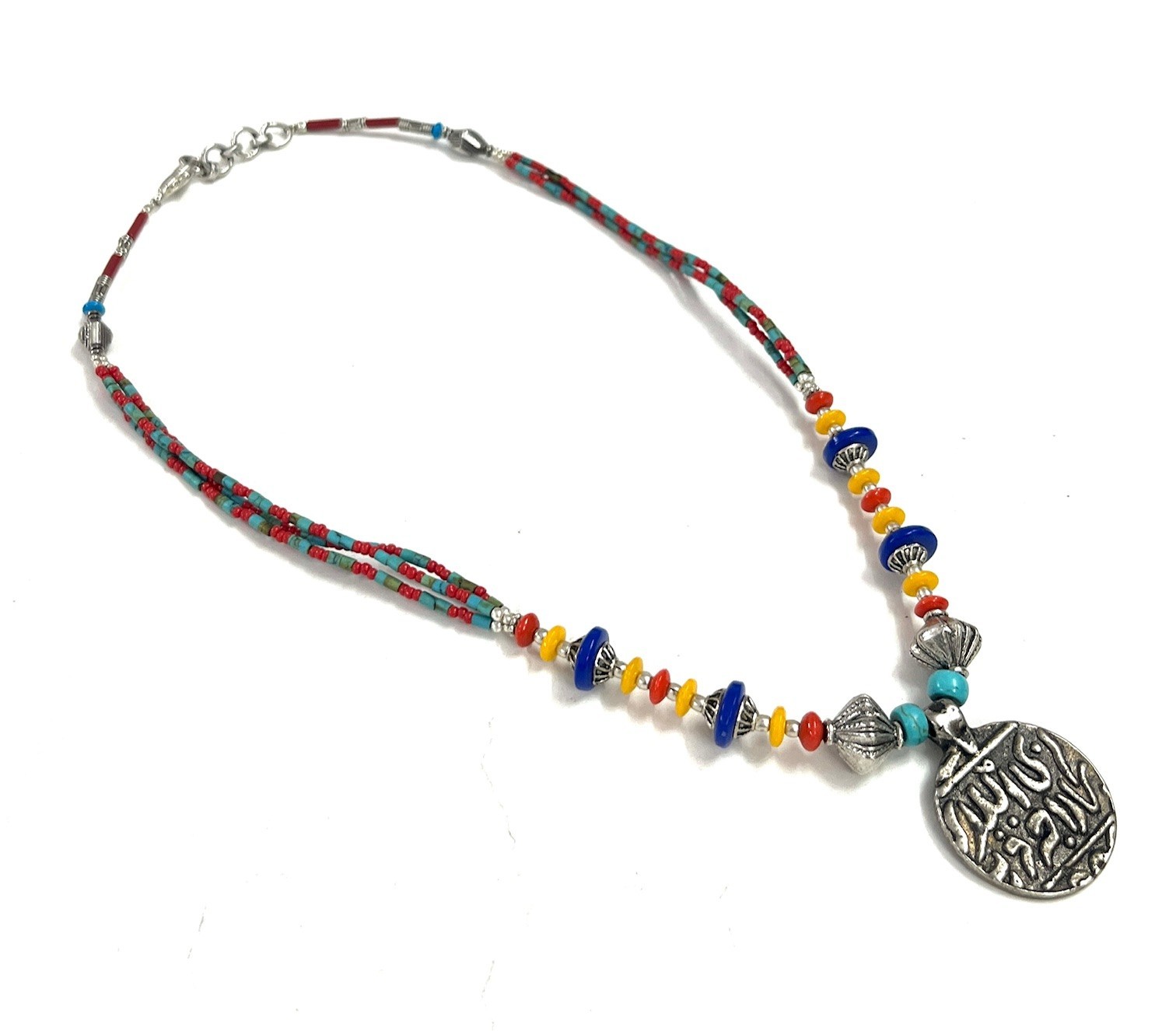 Turquoise Lapis Coral Gemstone Tibetan Antique Necklace Jewelry, 18 Inc Adjs