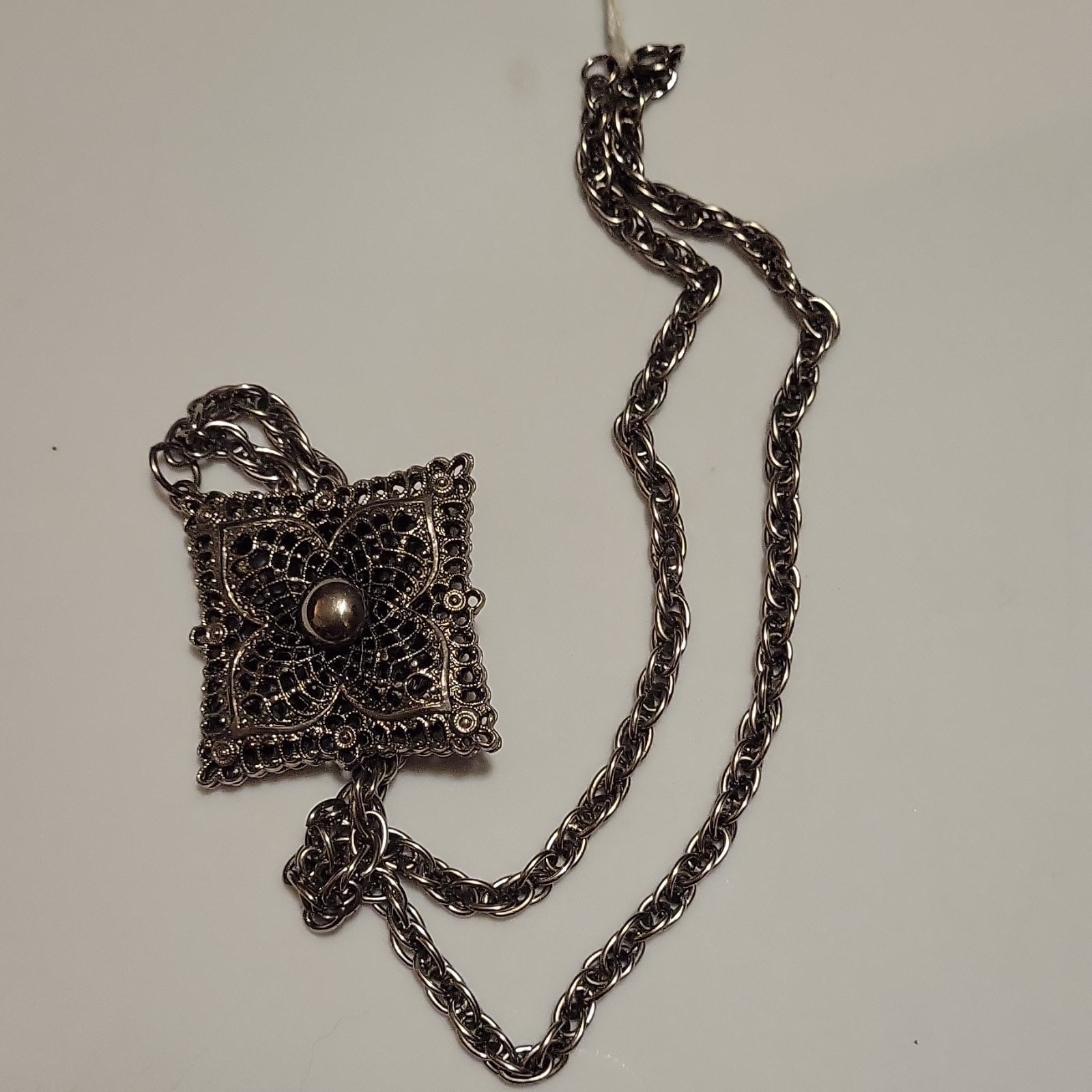 Silver Tone Rope Chain Necklace w/ Square Filigree Charm Pendant, No Stone