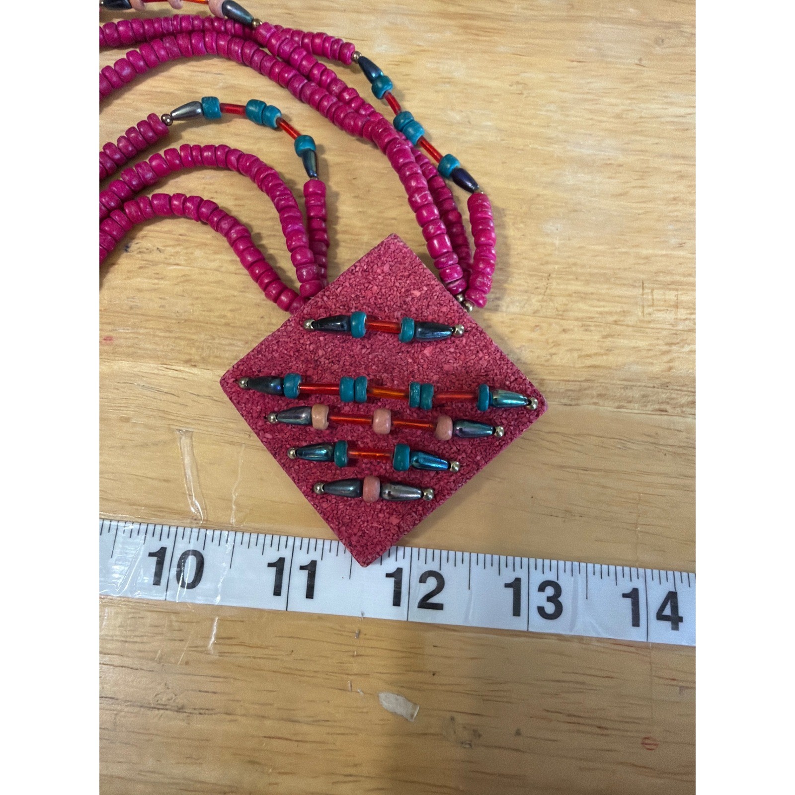 Pink Multi Strand Beaded Statement Necklace Square Leather Pendant Boho Artsy