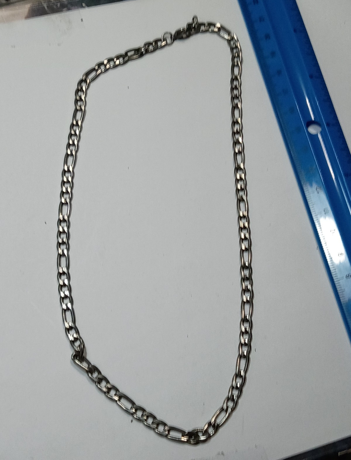 Silver Tone Metal Figaro Chain Necklace Lobster Clasp No Stones No Gemstones