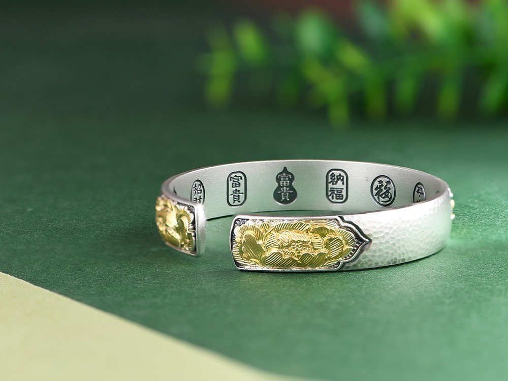 Gilded Phoenix Peony Wide Cuff Bangle Chinese Blessing 999 Solid FineSilver Gold