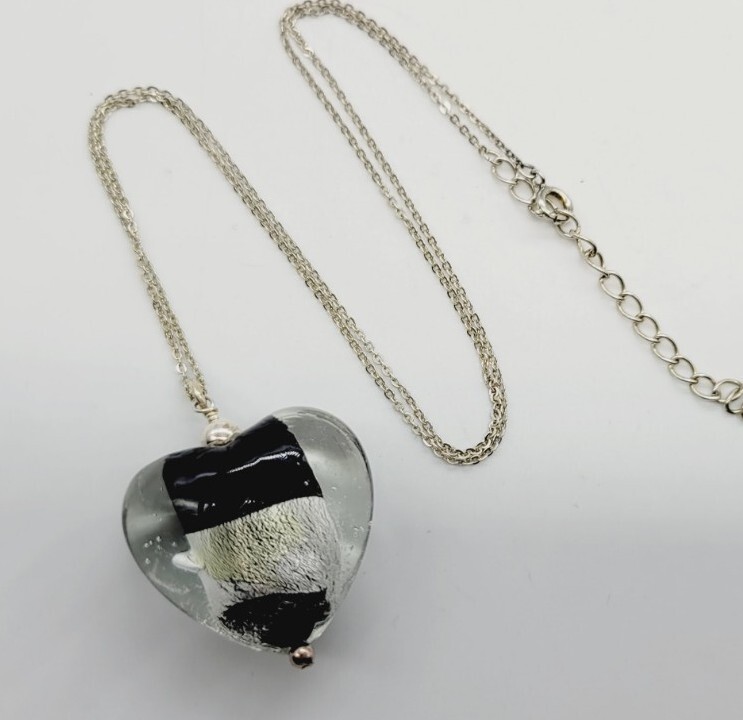 Heart Pendant Sterling Silver Necklace Black & Grey Lucite 19 in Chunky