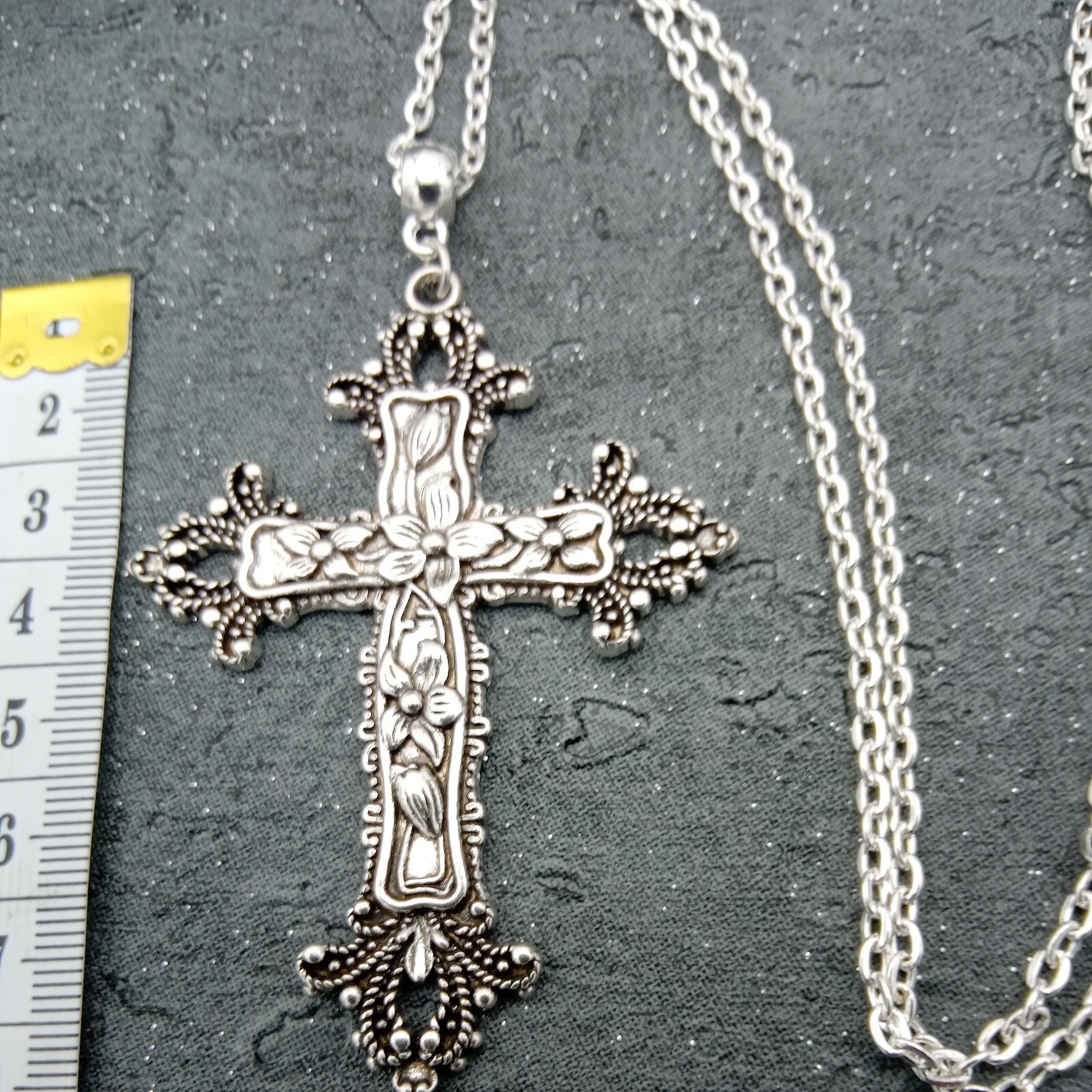 Huge Very Long ornate CROSS Necklace 90cm/36″ chain Large Big Religious Rock