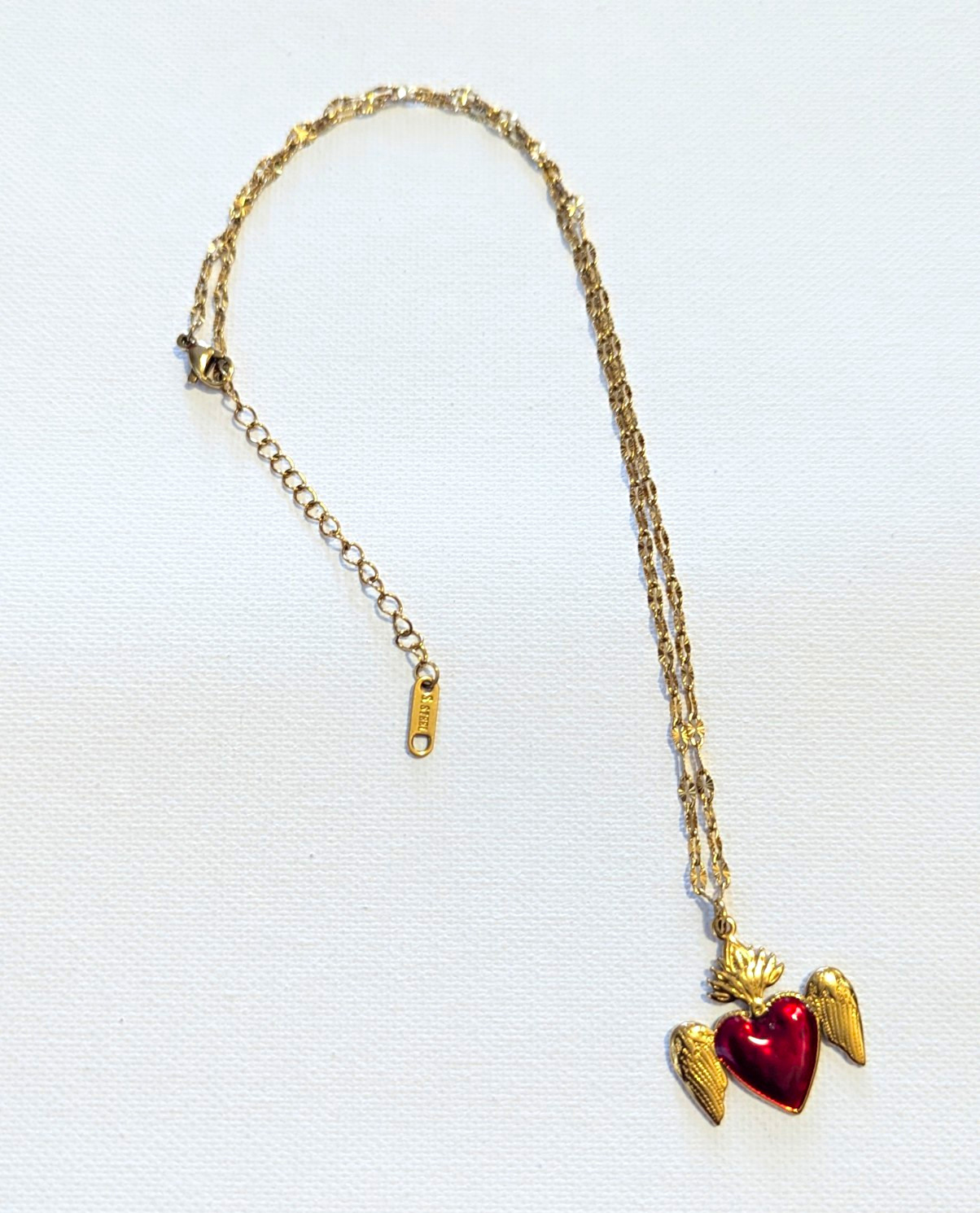 Stainless Steel Oval Link Chain Necklace Red Enamel Heart Wing Charm Adjustable