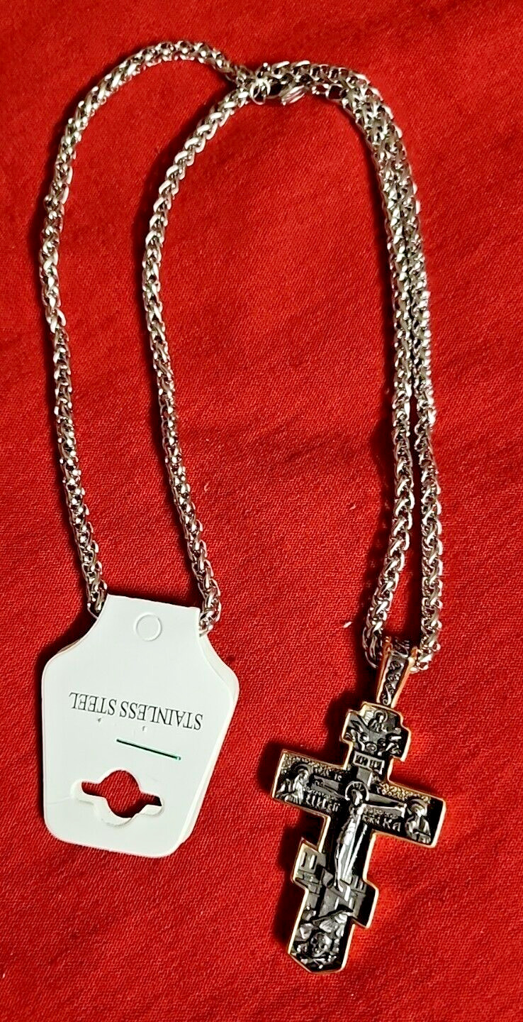 CHRISTIAN Orthodox Crucifix Gold Cross Pendant S’Steel Necklace NEW *TAG *