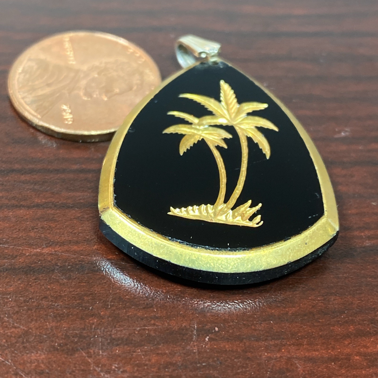 Vintage Golden Palm Trees Etched on Jet Black Glass Pendant Charm Germany 1.25”