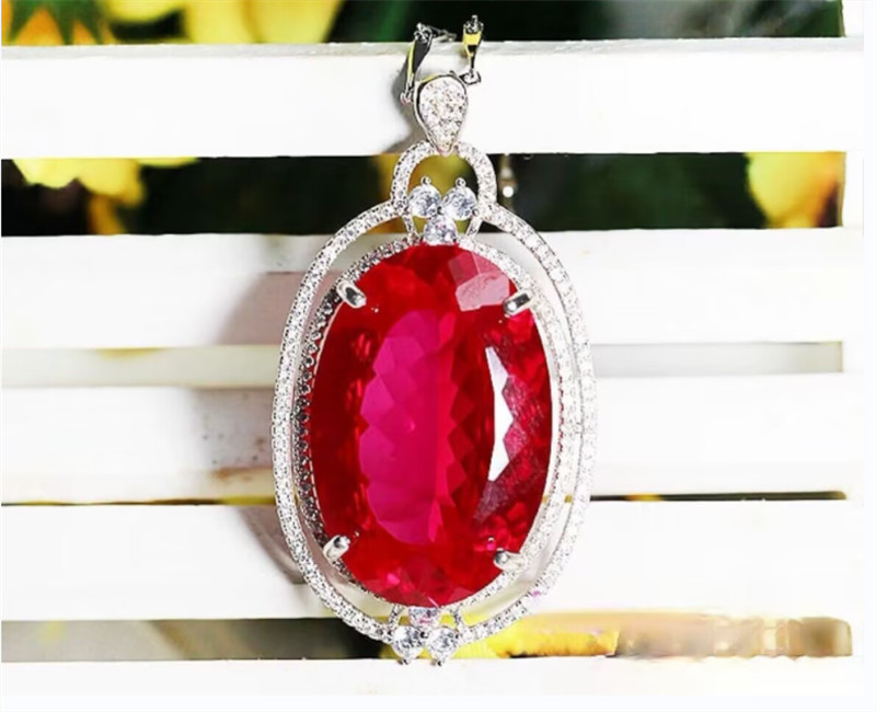 High Quality Oval Cut Pigeon Blood Red Ruby Lab-Created Sterling Silver Pendant