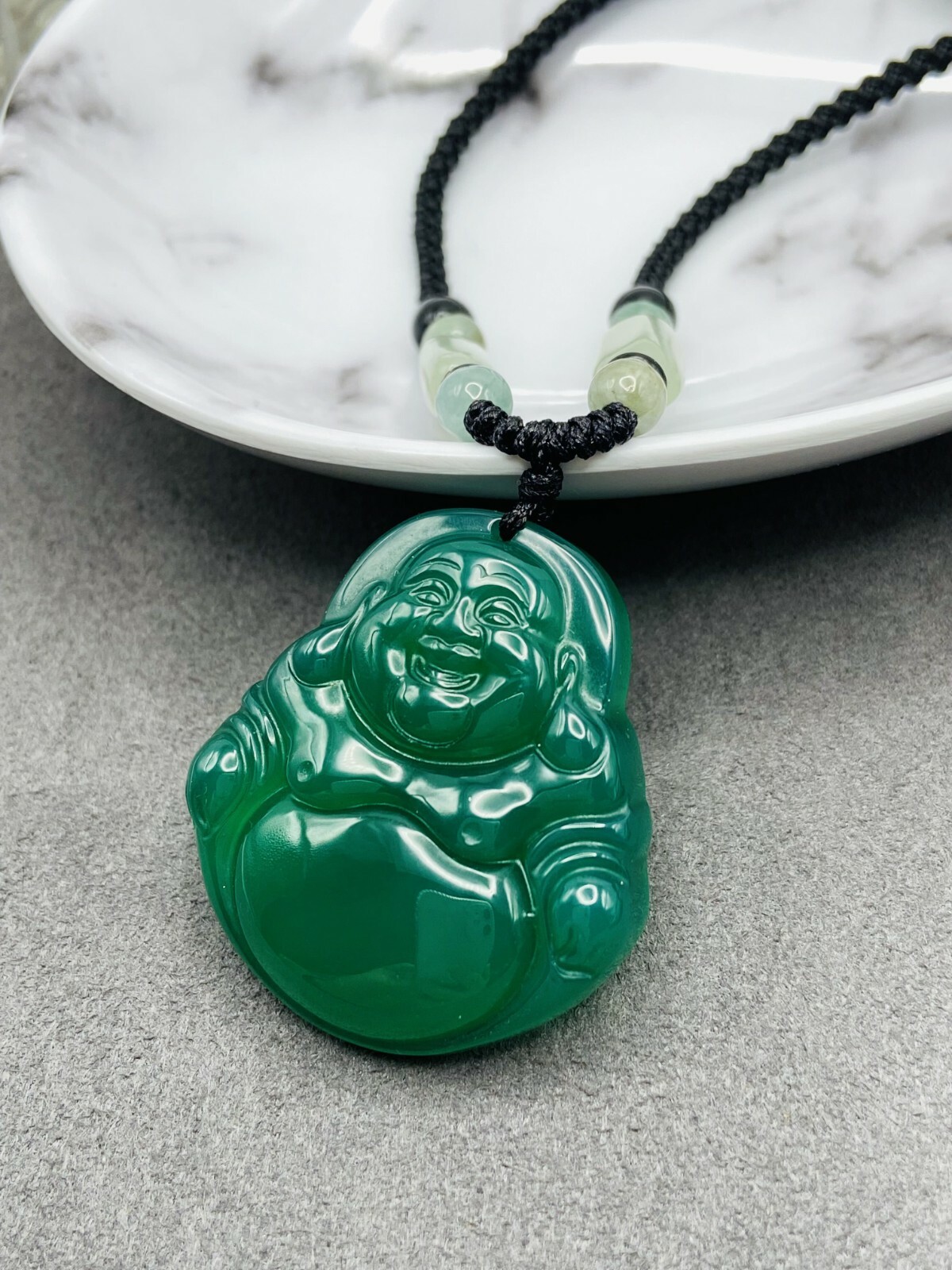Jade Buddha Charm Pendant Necklace W/ Beads Cord Handmade Carved Green Gemstone