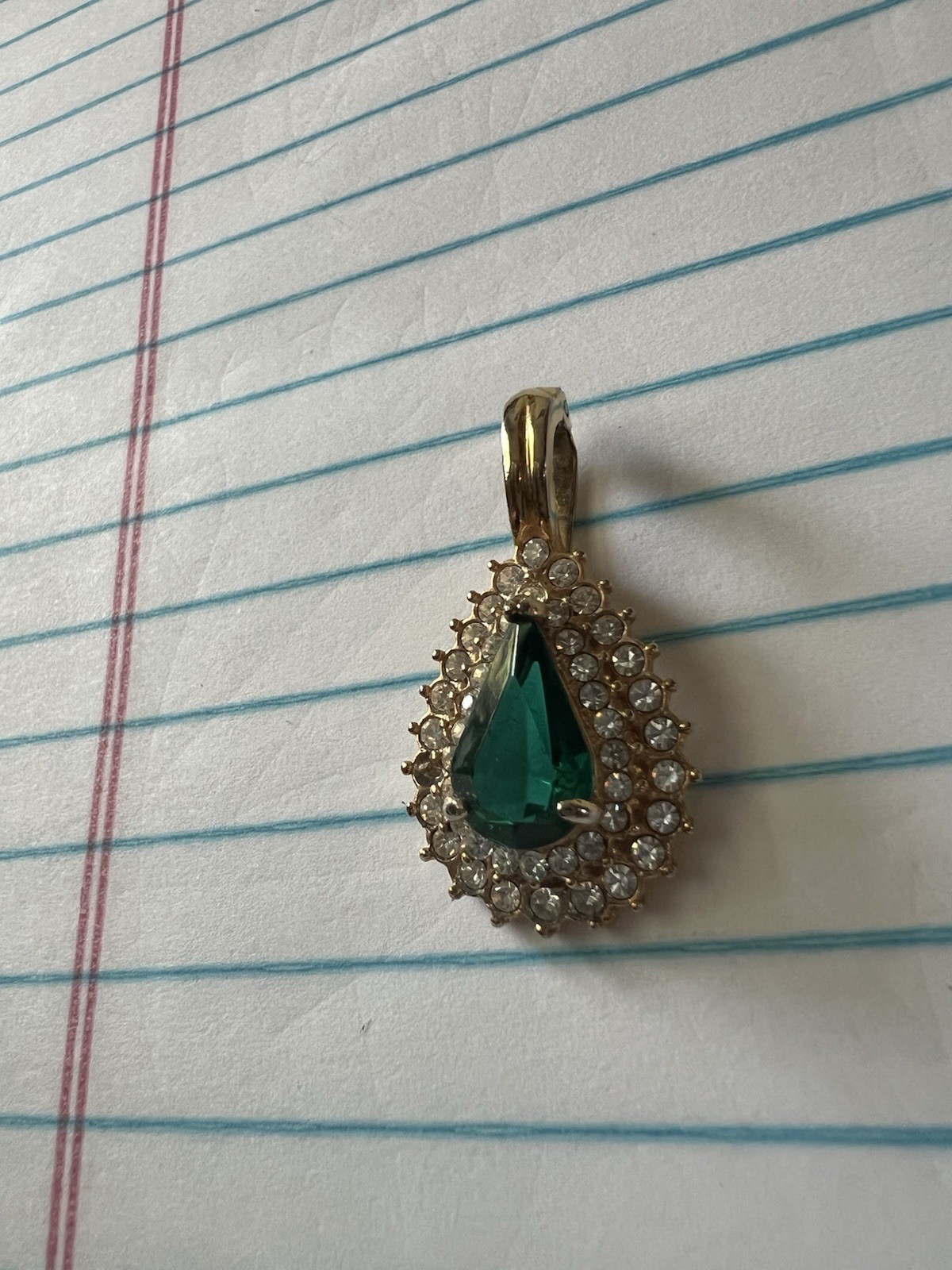Vintage Roman’s Teardrop Green Crystal Halo Pendant Charm, Yellow Gold Tone Bail