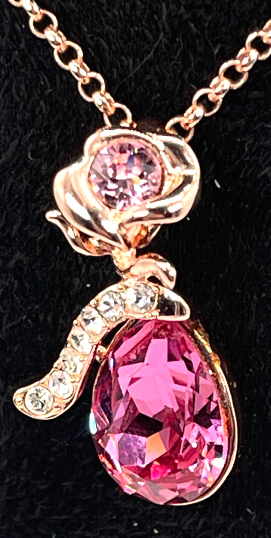 Necklace Rose Gold Tone Bright Pink Teardrop Crystal w/Rose Accent 16″ + 2′