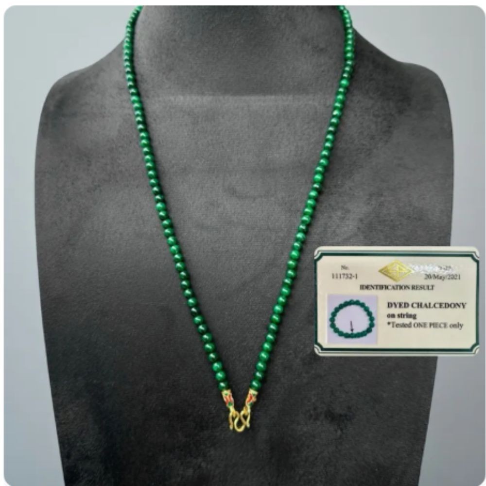 Bead Necklace Green Dyed Chalcedony Gemstone Round 4mm. Beads Gold Clasp 26 Inch