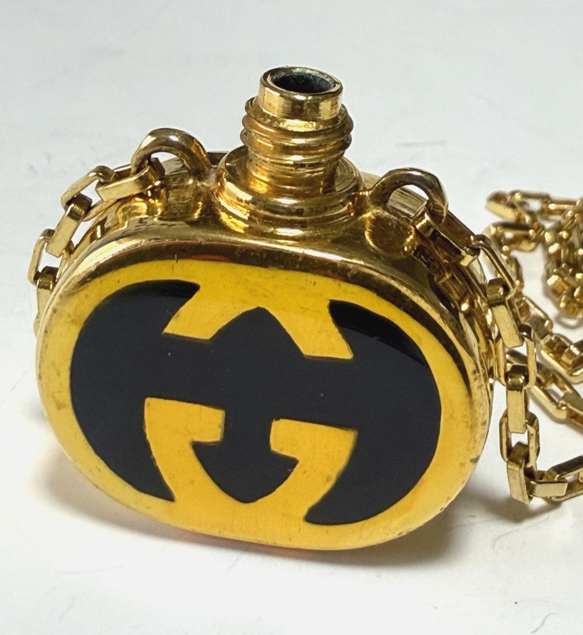 Vintage Gucci Navy Enamel GG Perfume Bottle Motif Necklace Pendant Gold-tone