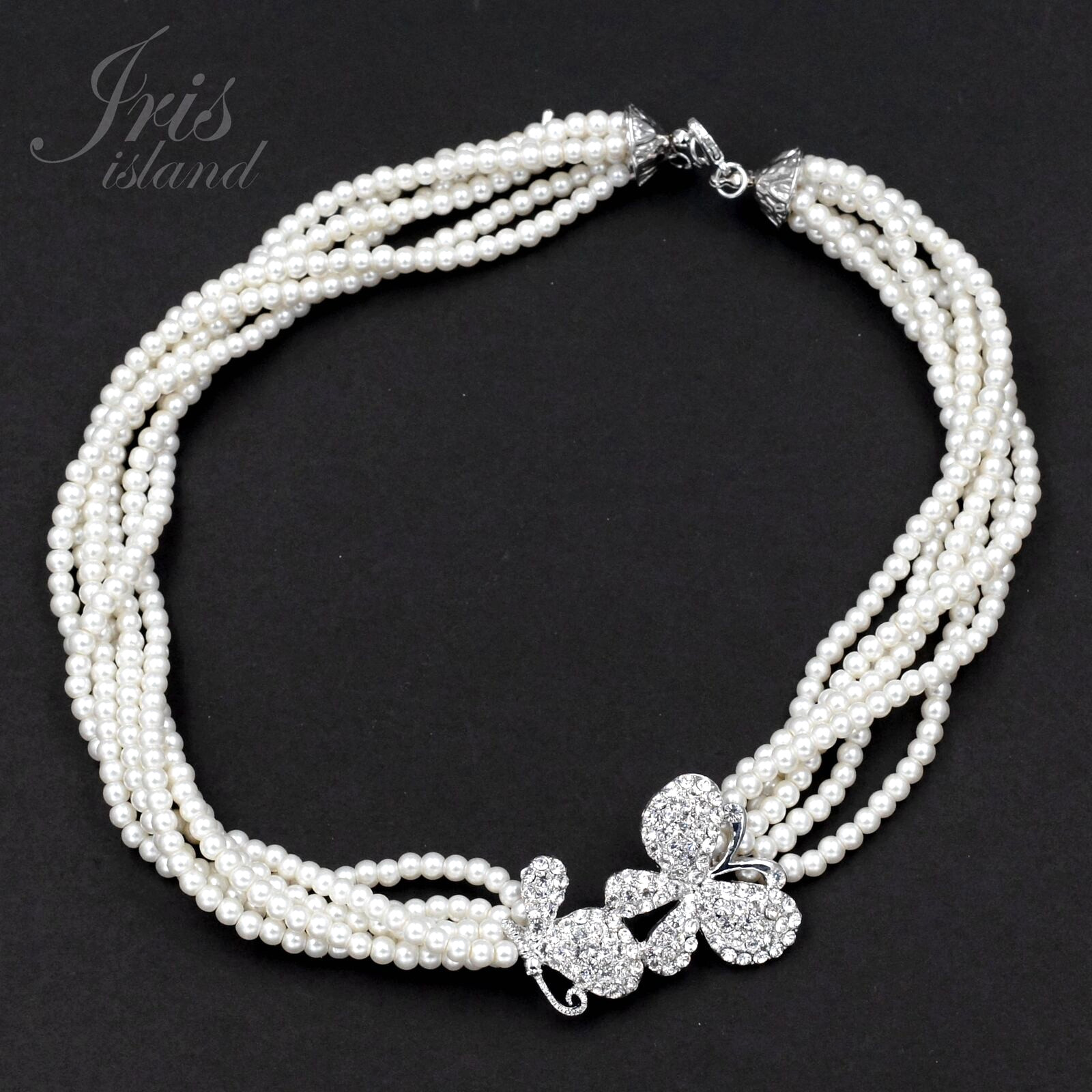 Women Elegant White Pearl Beaded Strand Layered Necklace Crystal Butterfly 1990