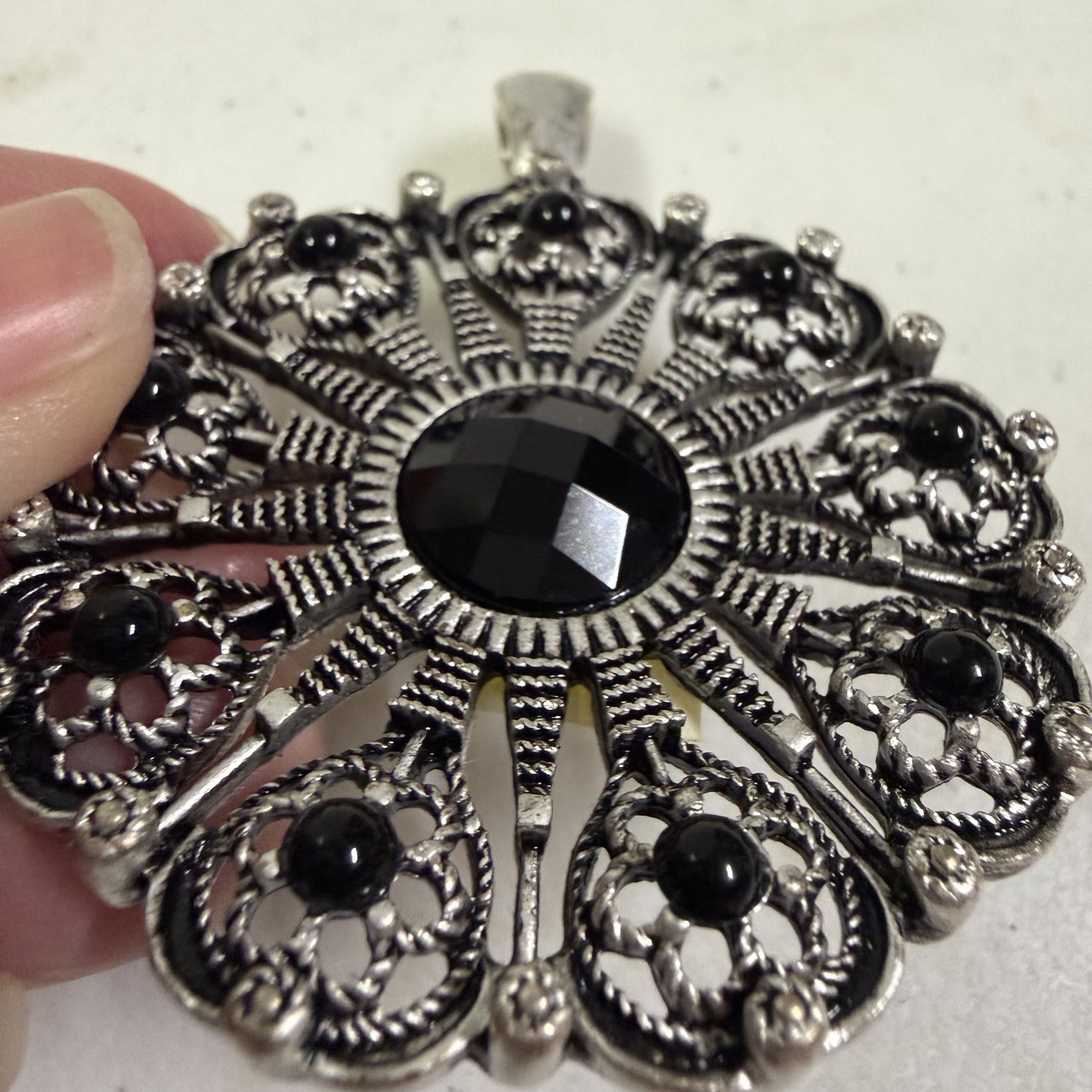 Premier Designs Ornate Silver Tone Black Faceted Stone Filigree Medallion Gem