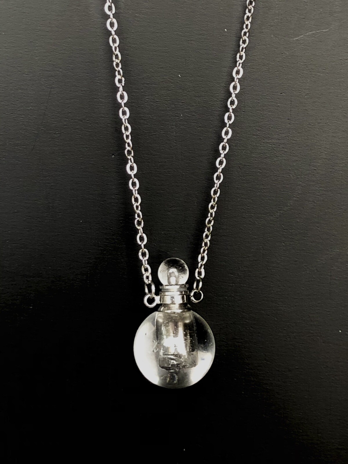 Clear Quartz Gemstone Perfume Bottle Essential Oil Necklace Pendant Silver Chain