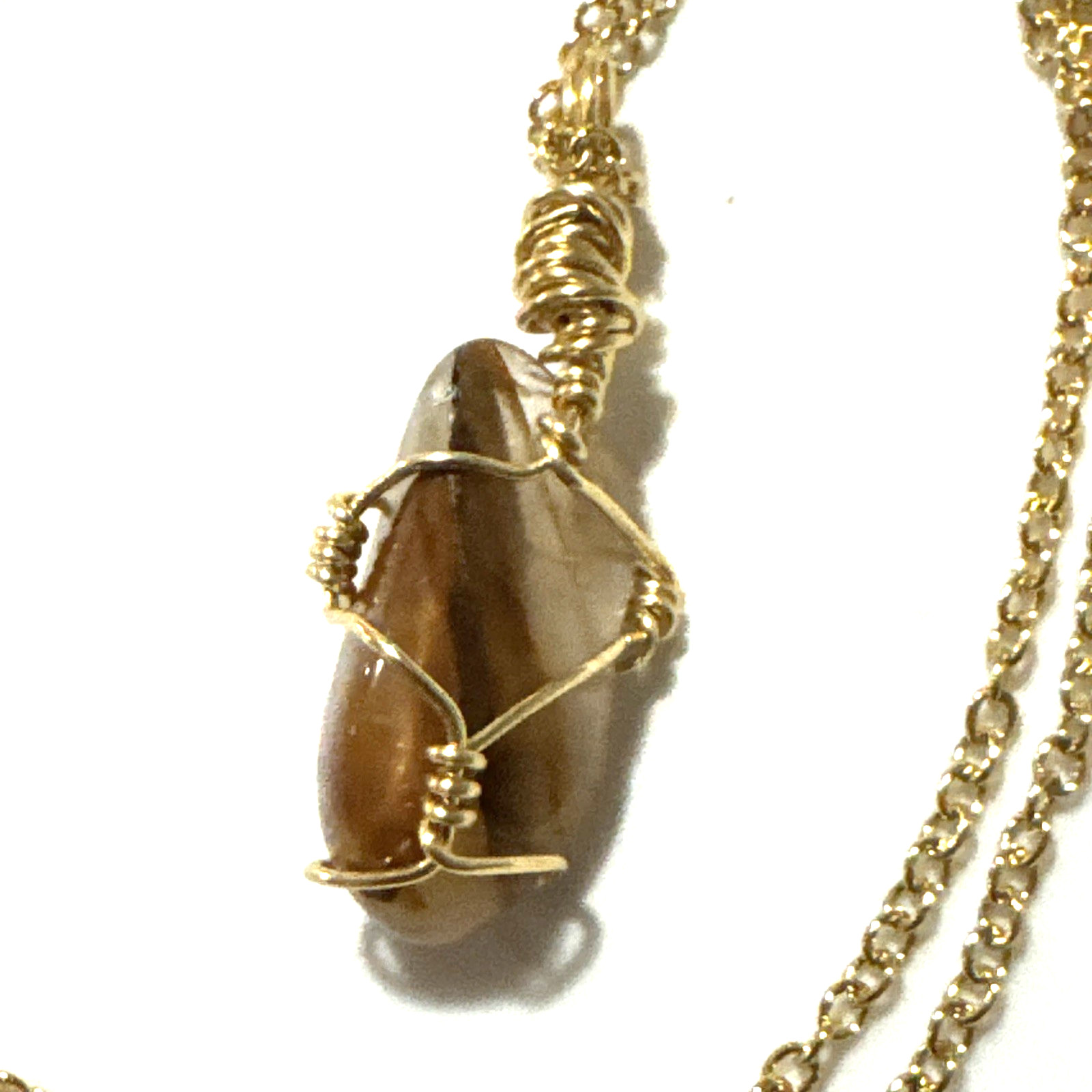 Agate Pendant Necklace Jewelry Gold Tone 24″ Chain Genuine Stone Handmade Wire