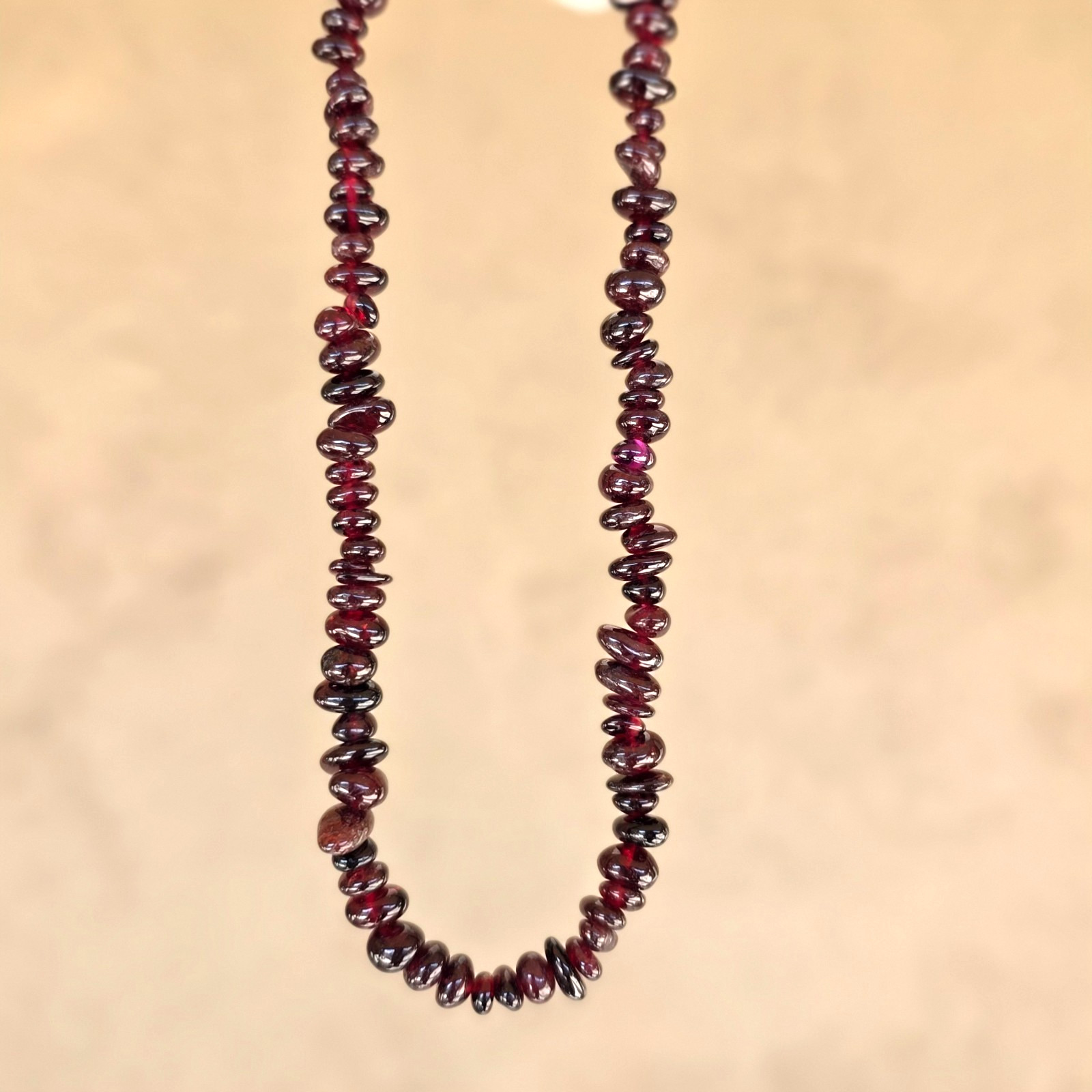 Vintage Natural Red Garnet Nugget Bead Beaded Necklace Original Silk Satin Bag