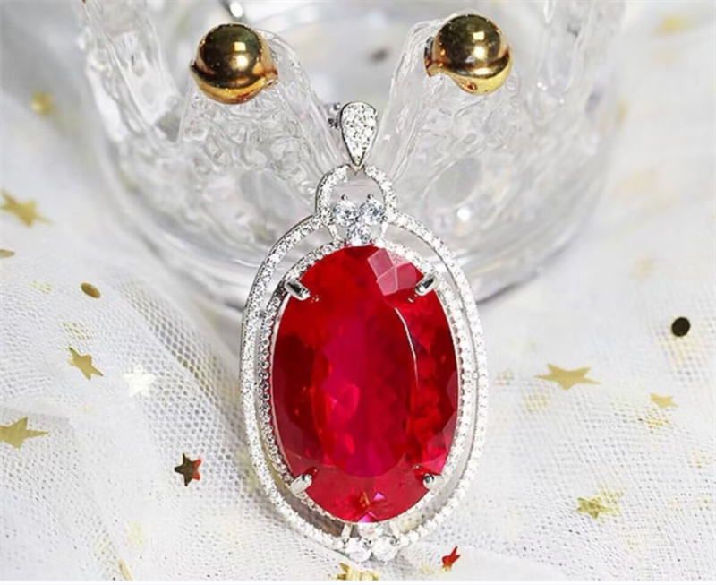 High Quality Oval Cut Pigeon Blood Red Ruby Lab-Created Sterling Silver Pendant