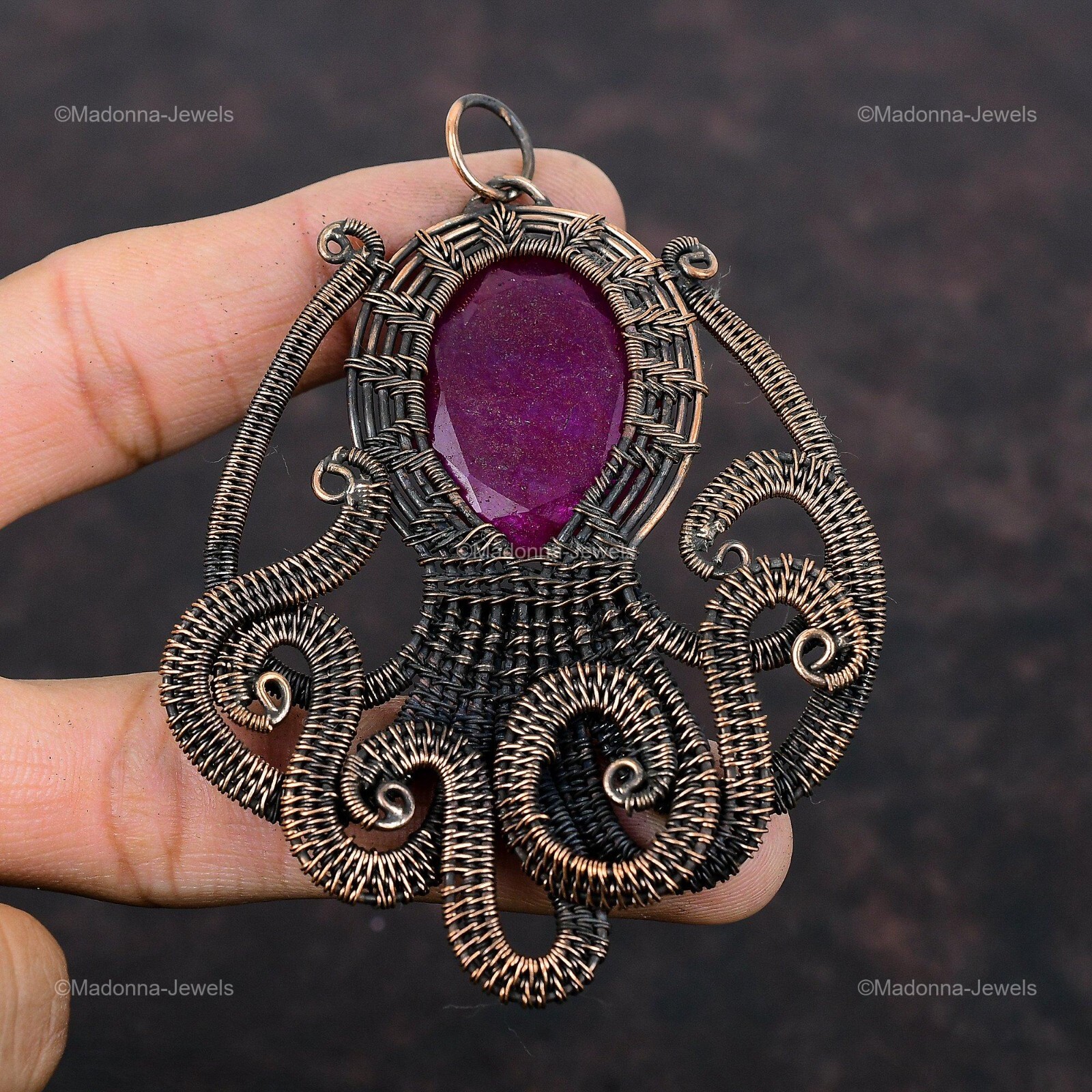 Kashmir Rubi Jewelry Copper Gift For Mother Wire Wrapped Octopus Pendant 3.46