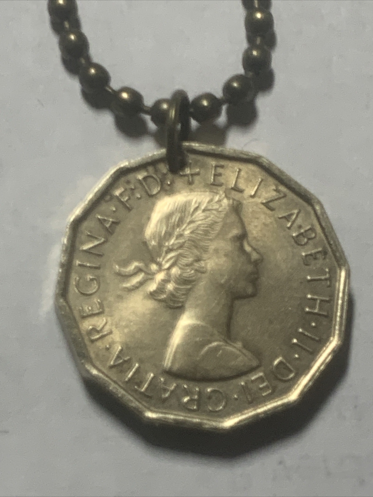 1967 UK 3 Pence Coin Pendant London. Queen Elizabeth 24” Necklace. Great Gift 🎁