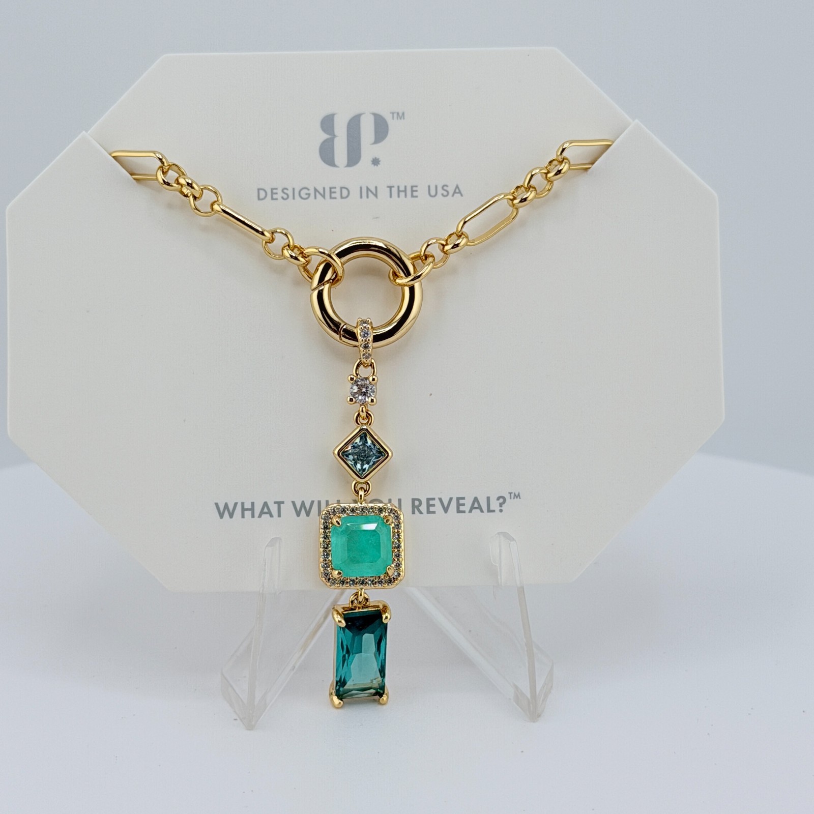 Bomb Party Necklace “She’s Everything” Gradient of Aquamarine Topaz Yellow Gold