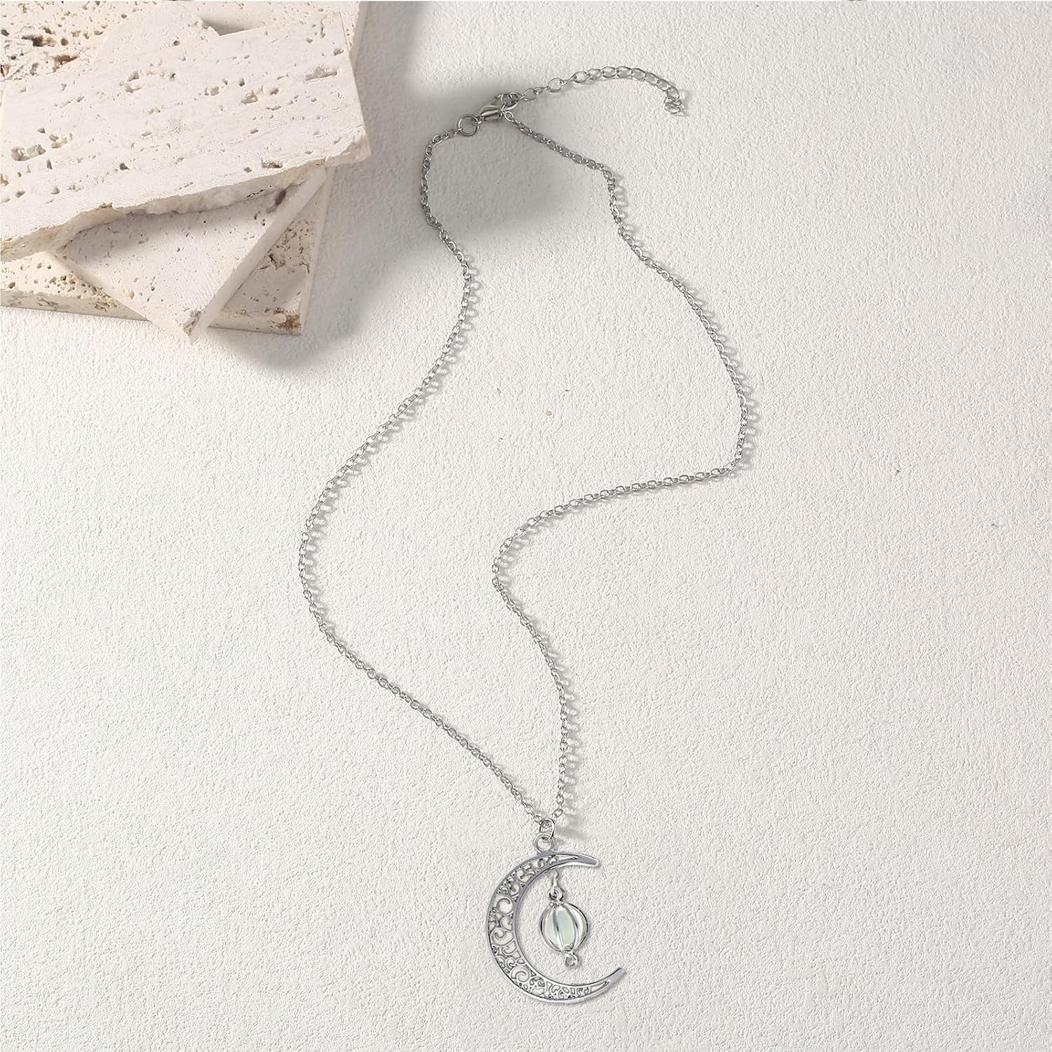Enchanting Glow in the Dark Silver Crescent Moon & Orb Necklace – Sky Blue Charm