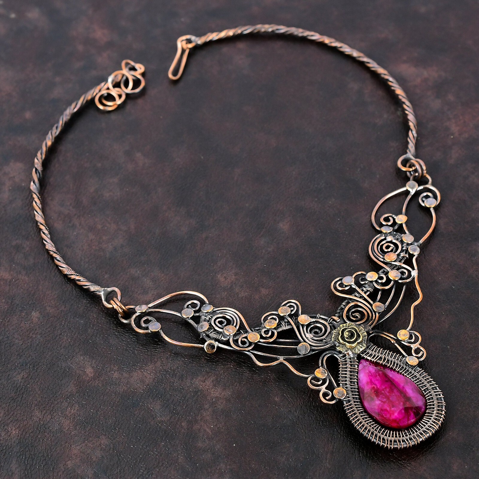 Kashmir Rubi Copper Gift For Her Wire Wrapped Flower Adjustable Necklace 18.0″