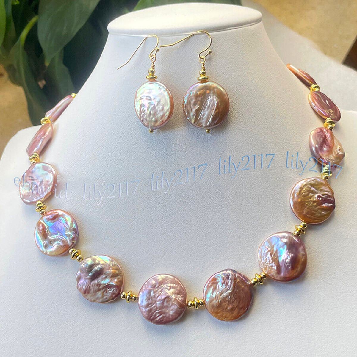 Huge 18-20mm Natural Multicolor Freshwater Flat Coin Pearl Necklace Earrings Set