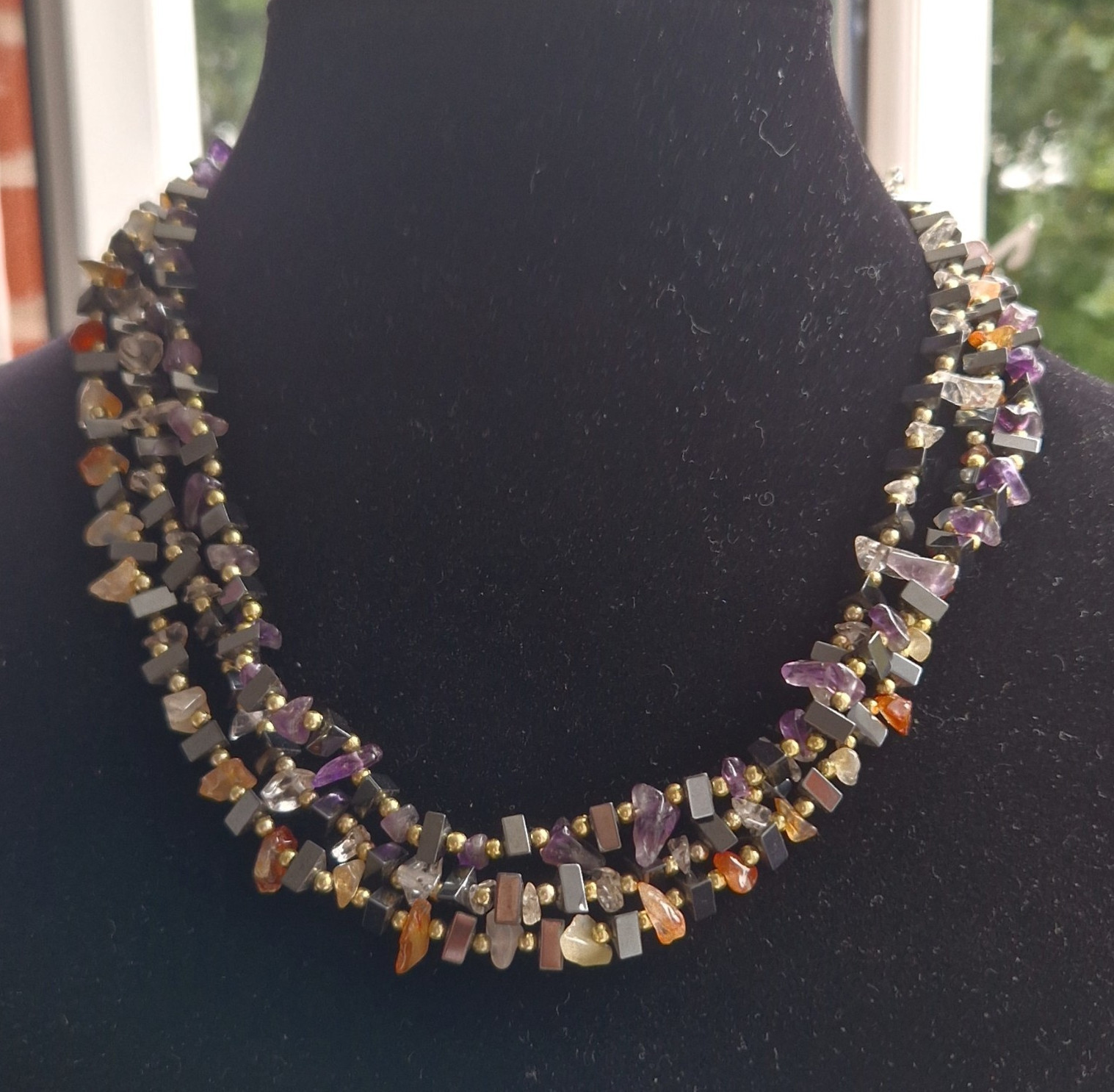 Vintage Triple Strand Gemstone Necklace | Amethyst, Citrine, Hematite & Quartz
