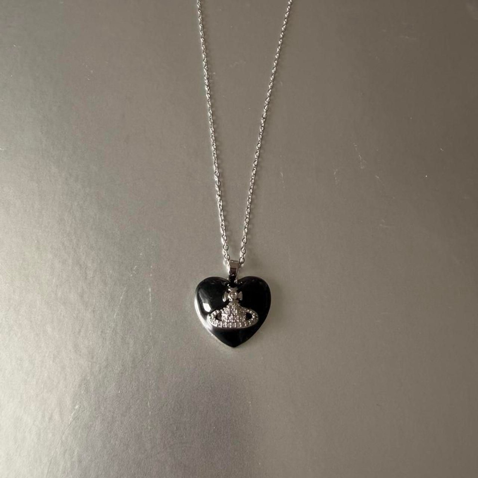 Black Heart Saturn CZ Pendant Stainless Steel Necklace