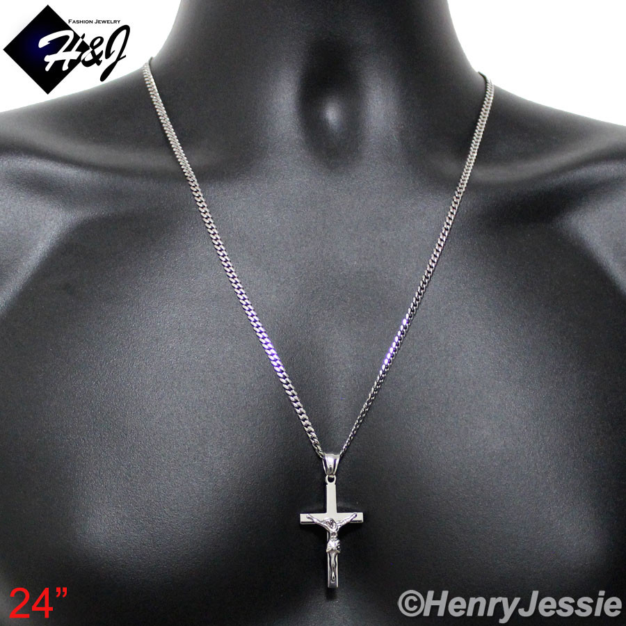 18-32″MEN Stainless Steel 3mm Silver Cuban Curb Chain JESUS Cross Pendant*SP62