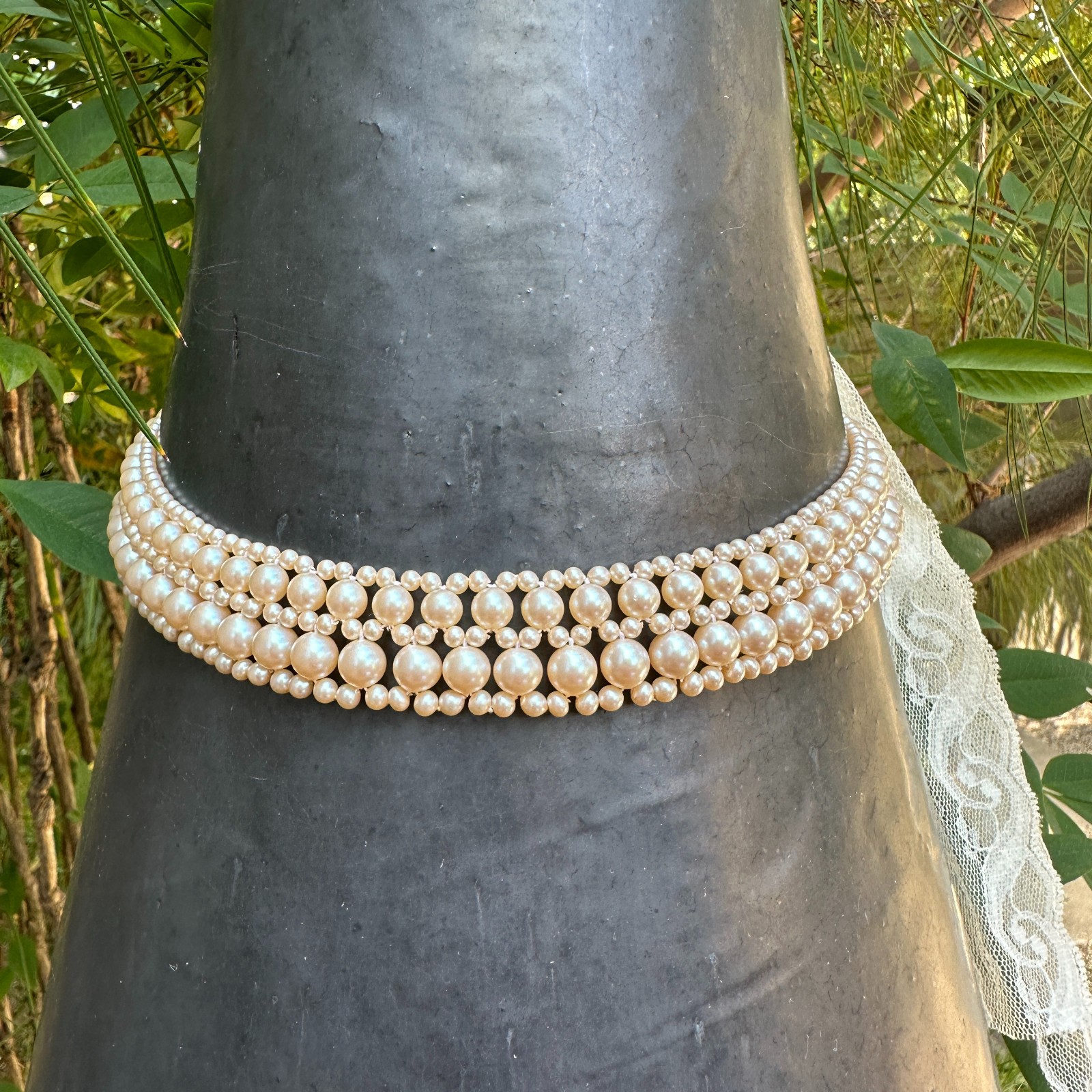 Woven 5-Row Faux Pearl Collar Necklace with Soft, Frothy Vintage Lace Ties