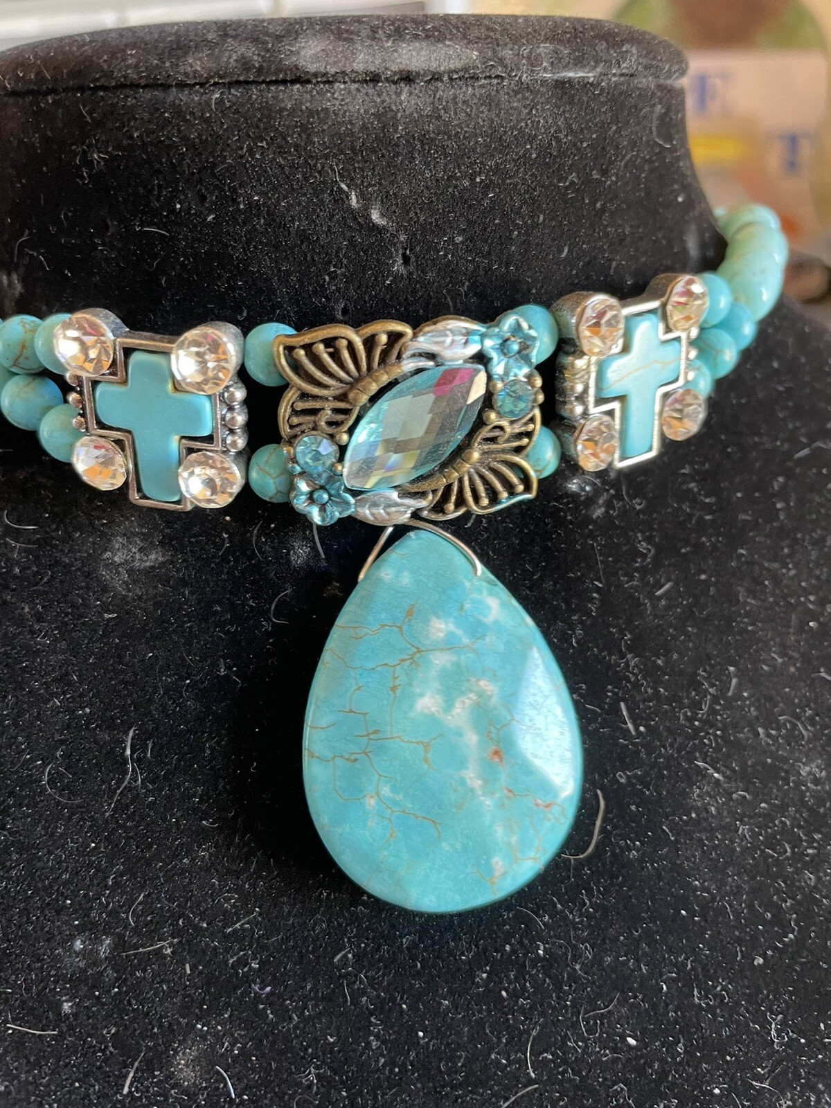 Floating Dyed Turquoise 30x40m Teardrop Pendant 16” Choker 2” Extender