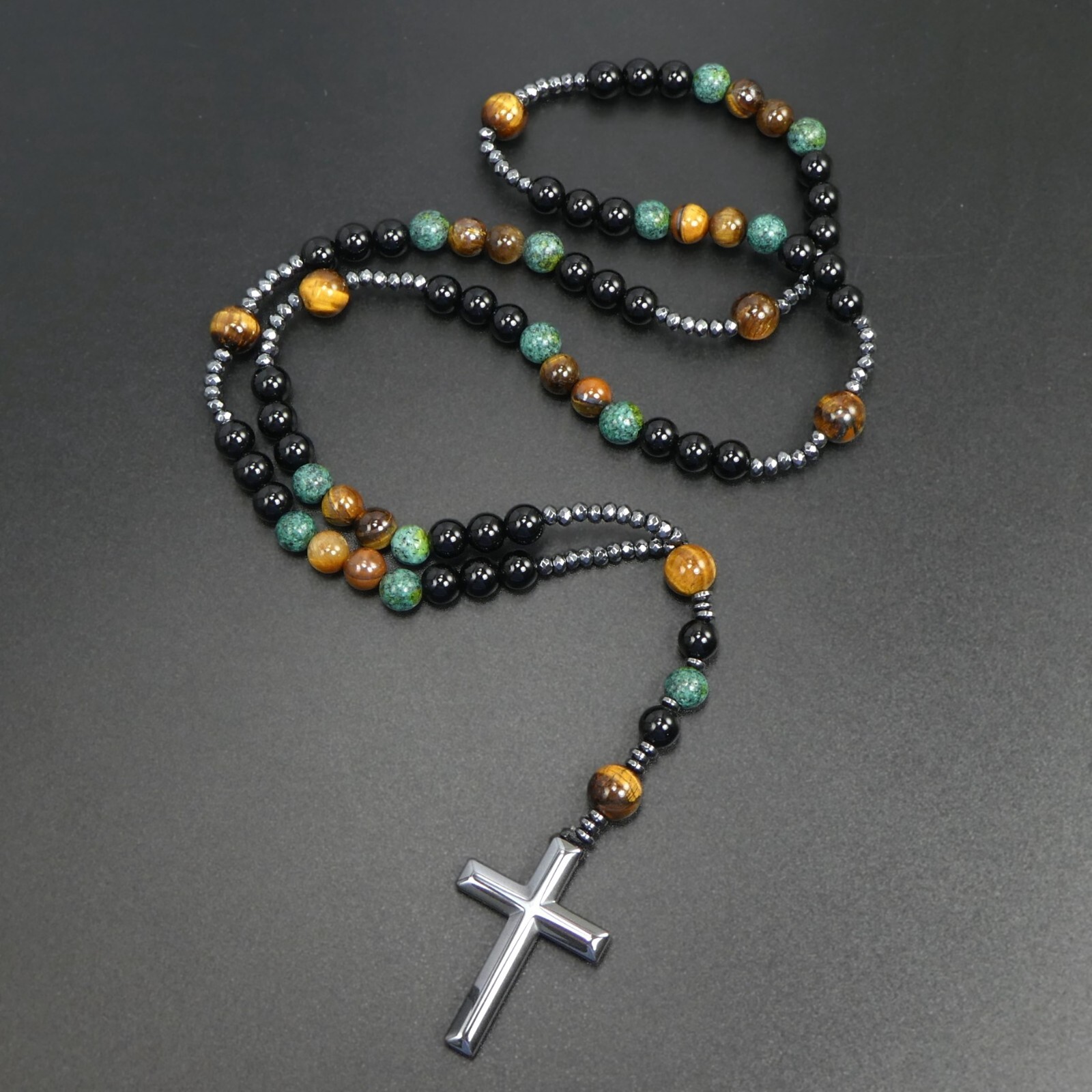 Black Obsidian Tiger Eye African Turquoise Black Hematite Cross Rosary Necklace
