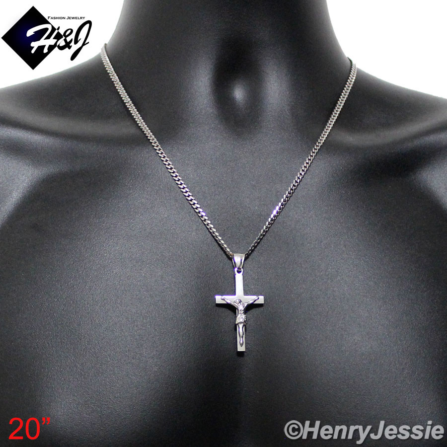18-32″MEN Stainless Steel 3mm Silver Cuban Curb Chain JESUS Cross Pendant*SP62