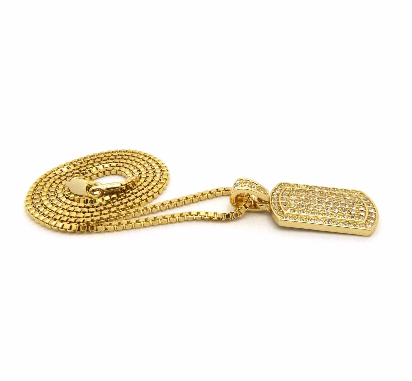Hip Hop Iced Mini Army Gold Plated CZ Dog Tag Pendant 24″ Box Chain Necklace