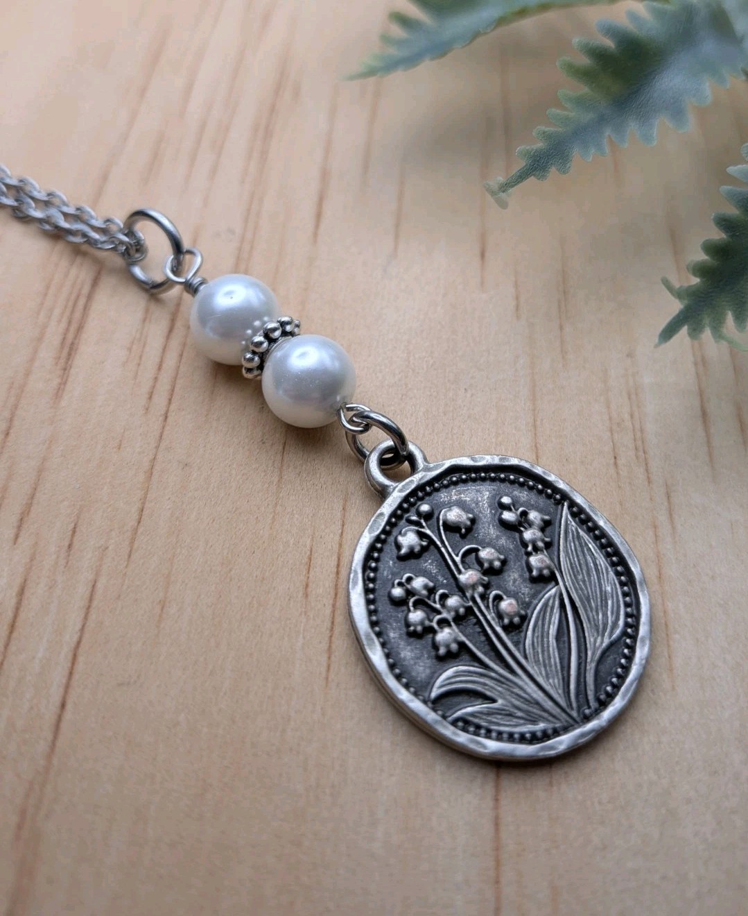 Silver Lily Of The Valley Pendant Necklace With White Pearls / Flowers Gift