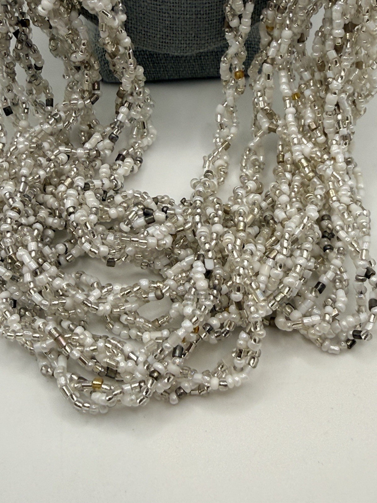 Seed Bead Necklace White Silver Made in Nepal Multi Strand Button Closure 22”