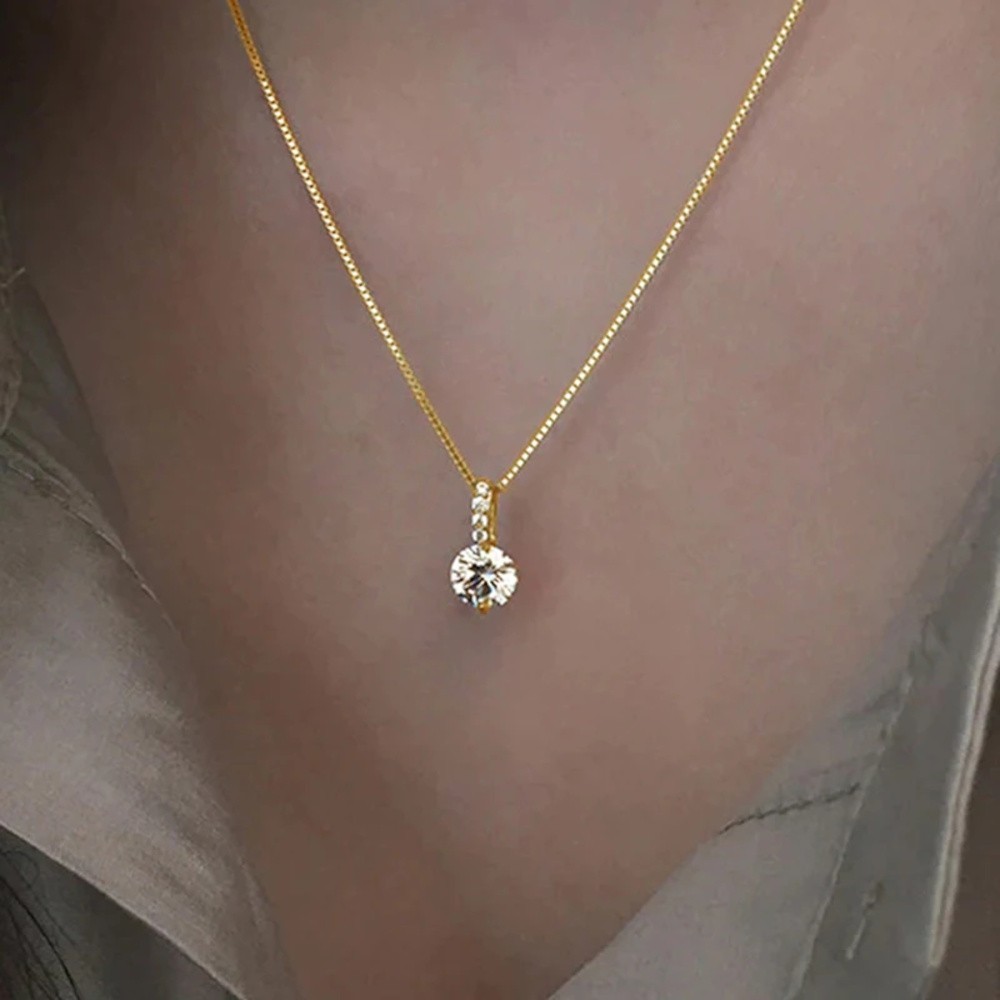 Luxury Gold Tone Sparkling Round CZ Solitaire Crystal Pendant Box Chain Necklace