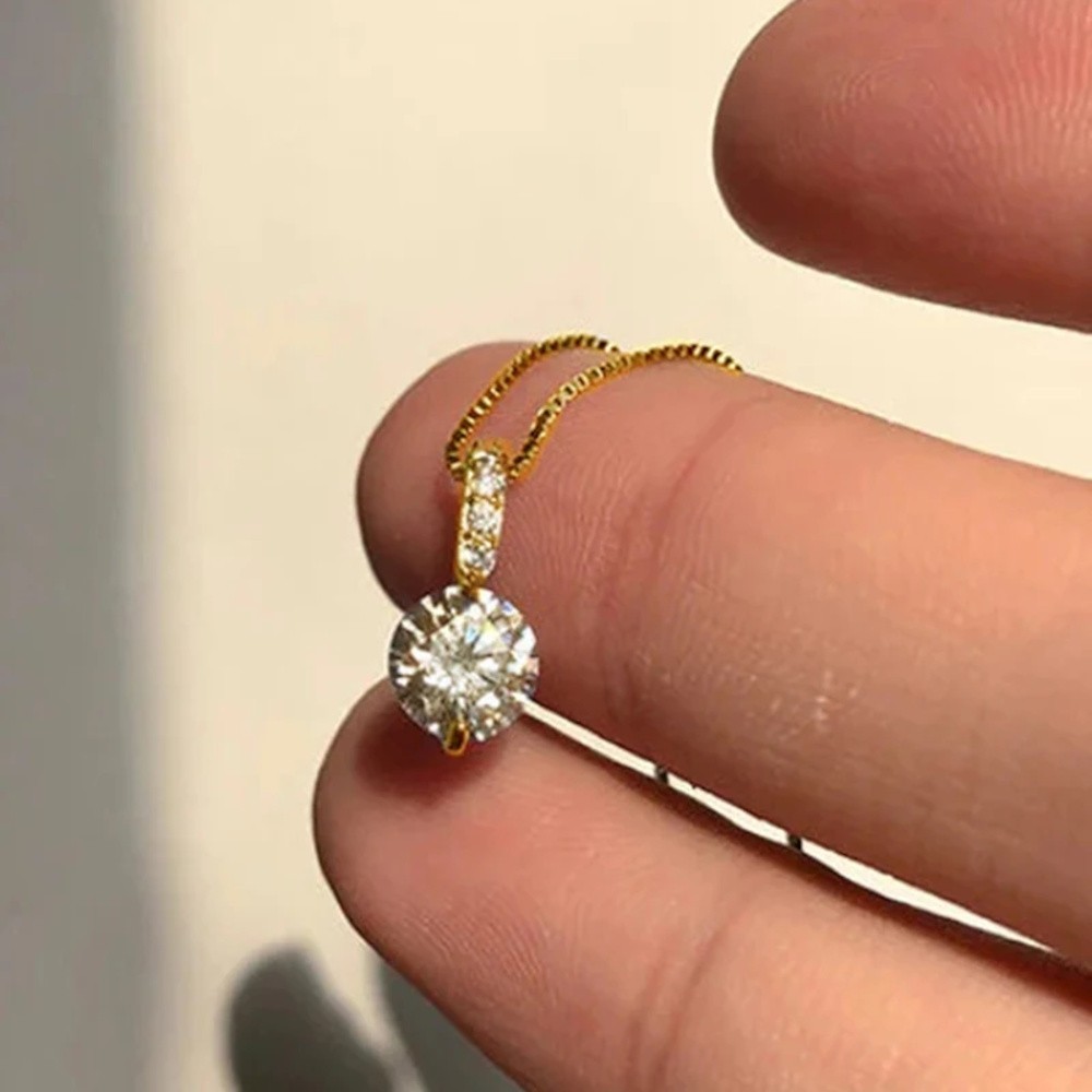 Luxury Gold Tone Sparkling Round CZ Solitaire Crystal Pendant Box Chain Necklace