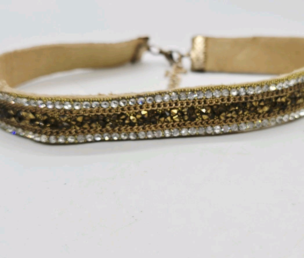 Crystal Leather Choker Necklace Wide Tan Leather Couture Adjustable 15 in