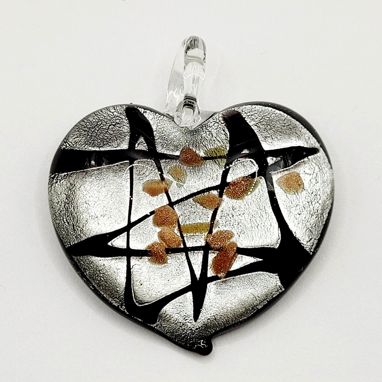 Artisan Modern Art Glass Heart Pendant Silver Black Gold Color Foiled Glitter