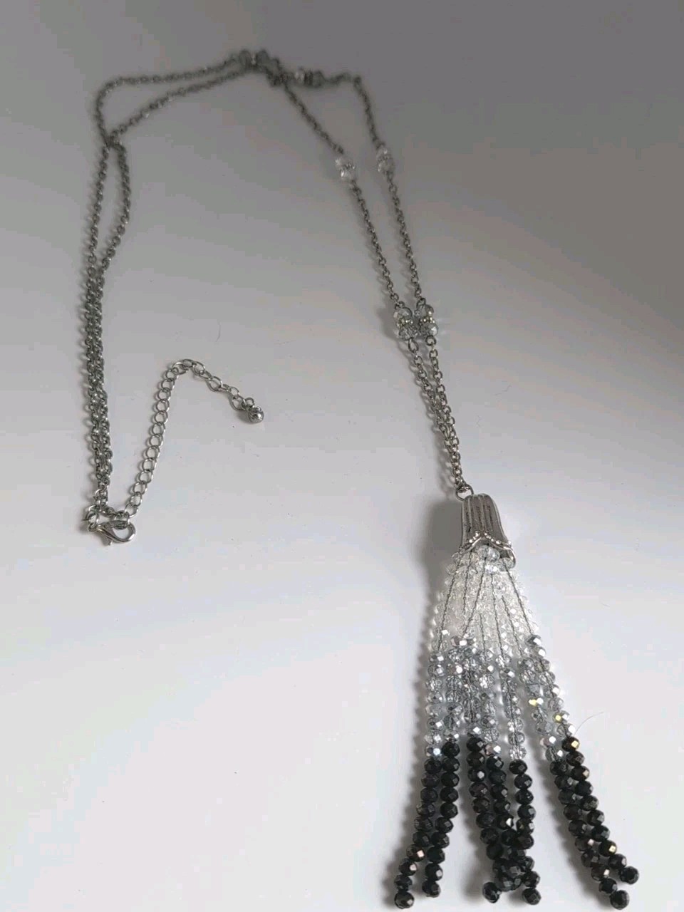 Long Silver Tone Necklace /w Tassel White Grey Black Ombre Beaded