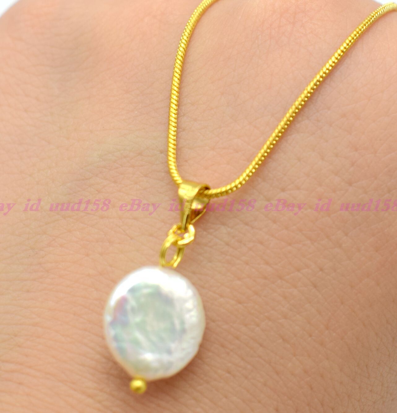 Freshwater 12-13mm Baroque Coin Pearl Pendant Necklace Jewelry Flawless Chain